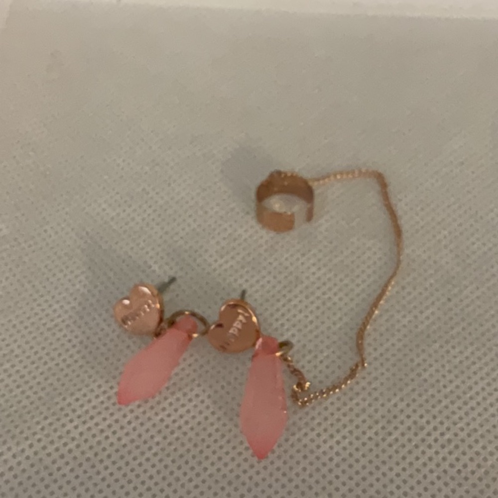 Sale! Hot Topic Heart & Crystal Earrings w/Ear Cuff, Pink/Rose Gold Tone